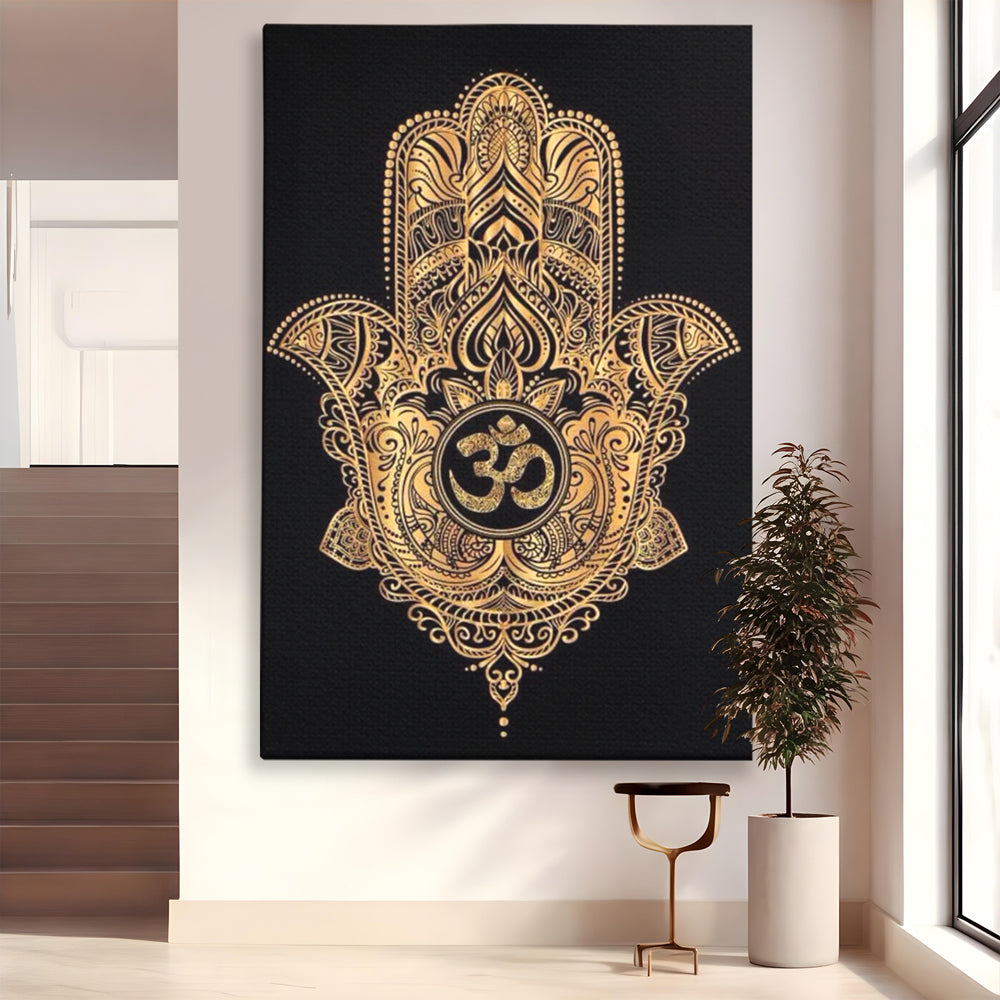 Tablou canvas cu illustratie digitala hamsa aurie, fara rama, pe sasiu de lemn